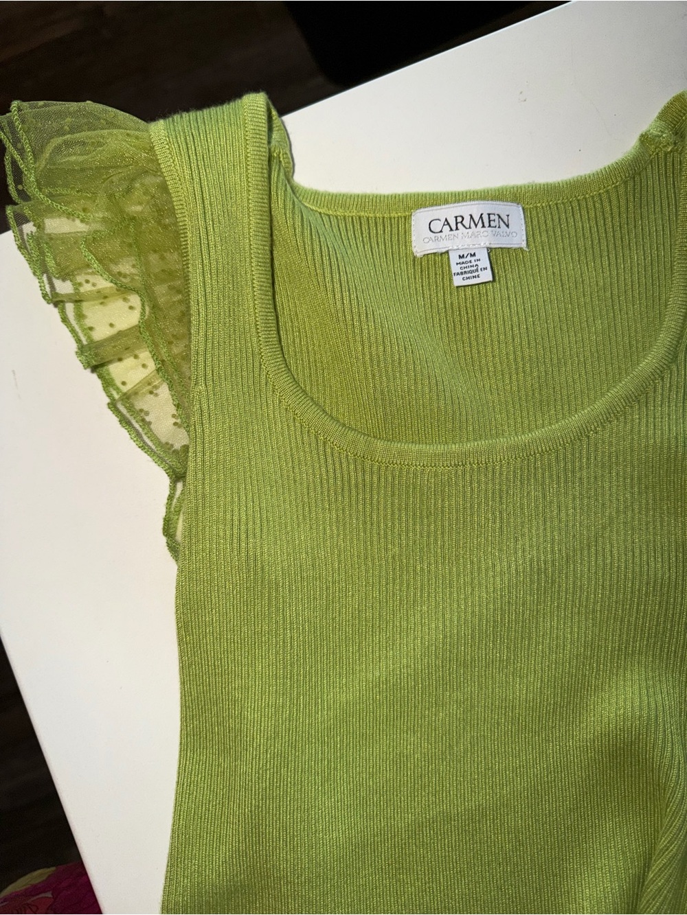 Carmen Marc Valvo Green Ruffle Sleeve Tank Top